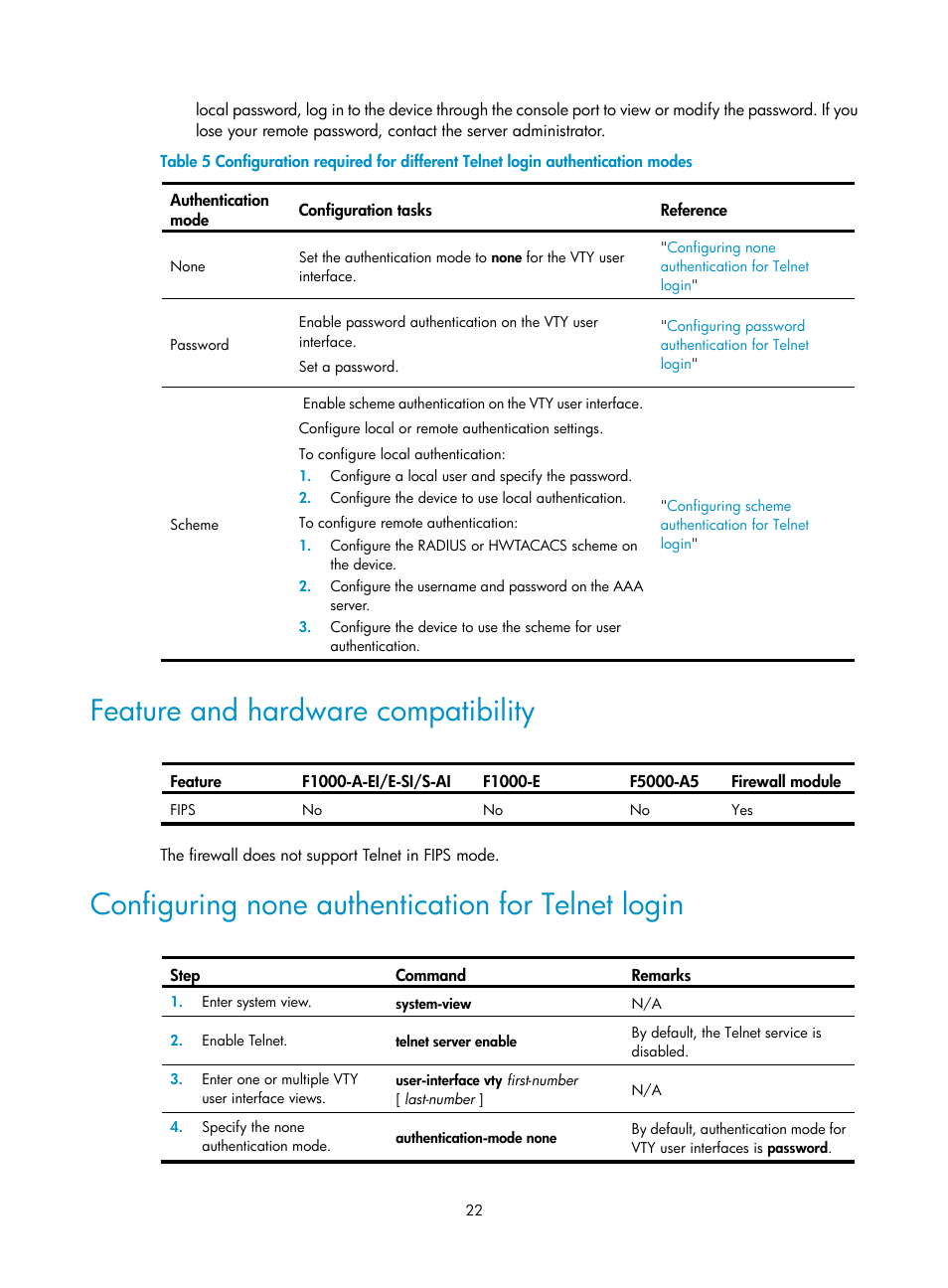 Feature and hardware compatibility, Configuring none authentication for telnet login | H3C Technologies H3C SecPath F1000-E User Manual | Page 30 / 126