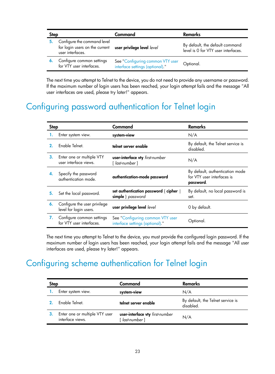 Configuring scheme authentication for telnet login, Configuring password, Authentication for telnet login | Configuring scheme, Authentication for telnet, Login | H3C Technologies H3C SecPath F1000-E User Manual | Page 31 / 126