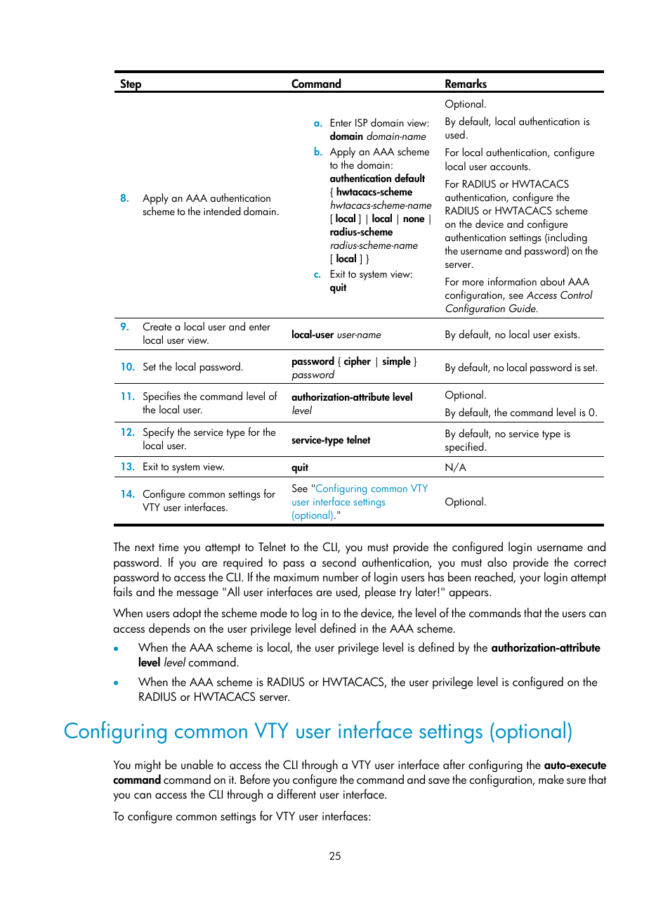 Configuring common vty user, Interface settings (optional) | H3C Technologies H3C SecPath F1000-E User Manual | Page 33 / 126