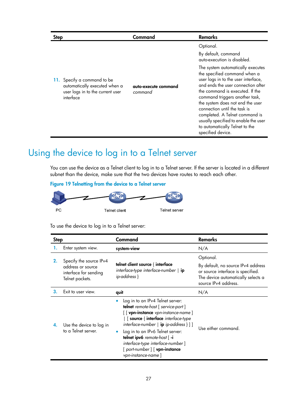 Using the device to log in to a telnet server | H3C Technologies H3C SecPath F1000-E User Manual | Page 35 / 126