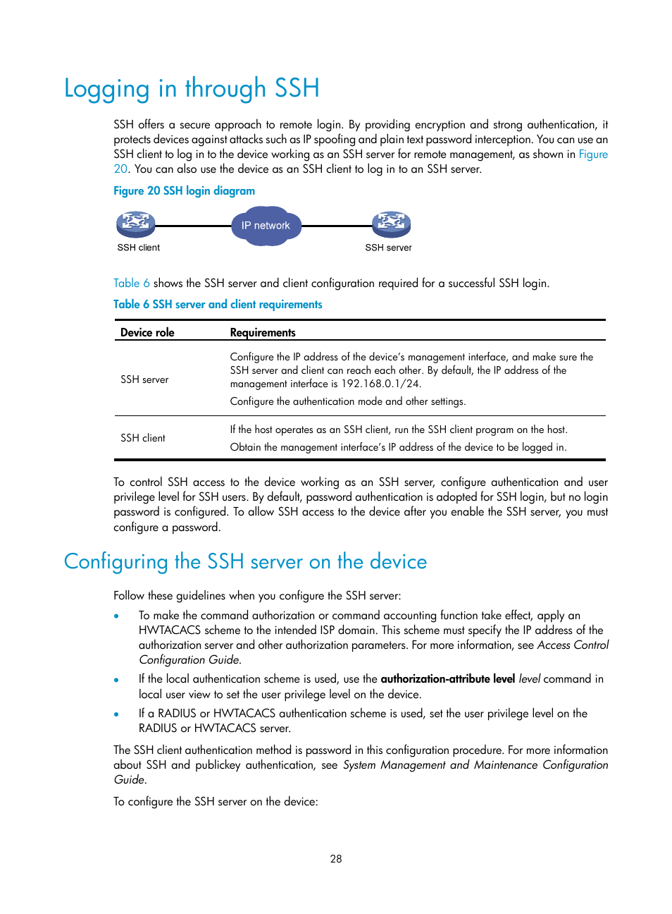 Logging in through ssh, Configuring the ssh server on the device | H3C Technologies H3C SecPath F1000-E User Manual | Page 36 / 126