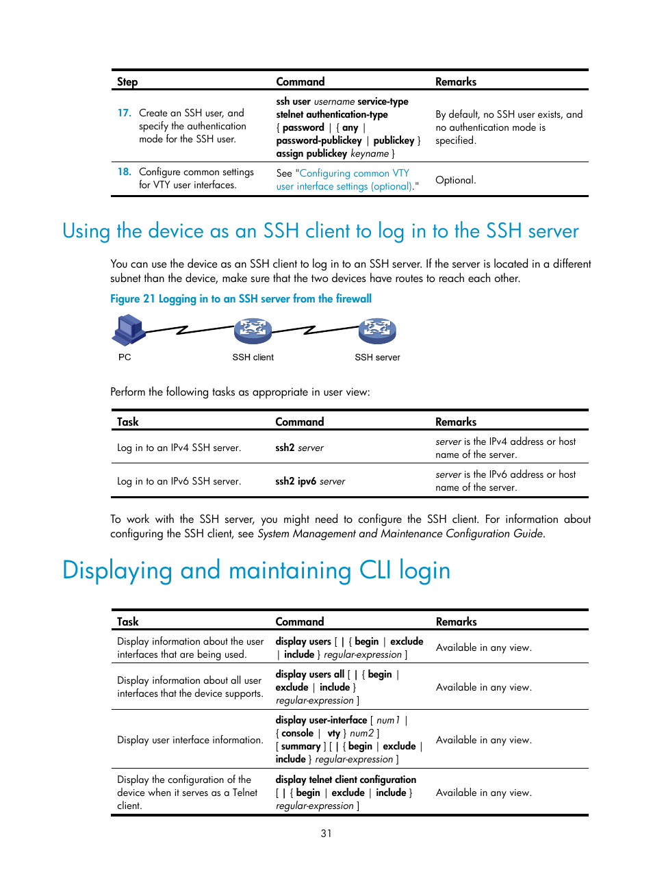 Displaying and maintaining cli login | H3C Technologies H3C SecPath F1000-E User Manual | Page 39 / 126