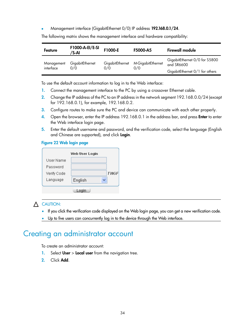 Creating an administrator account | H3C Technologies H3C SecPath F1000-E User Manual | Page 42 / 126