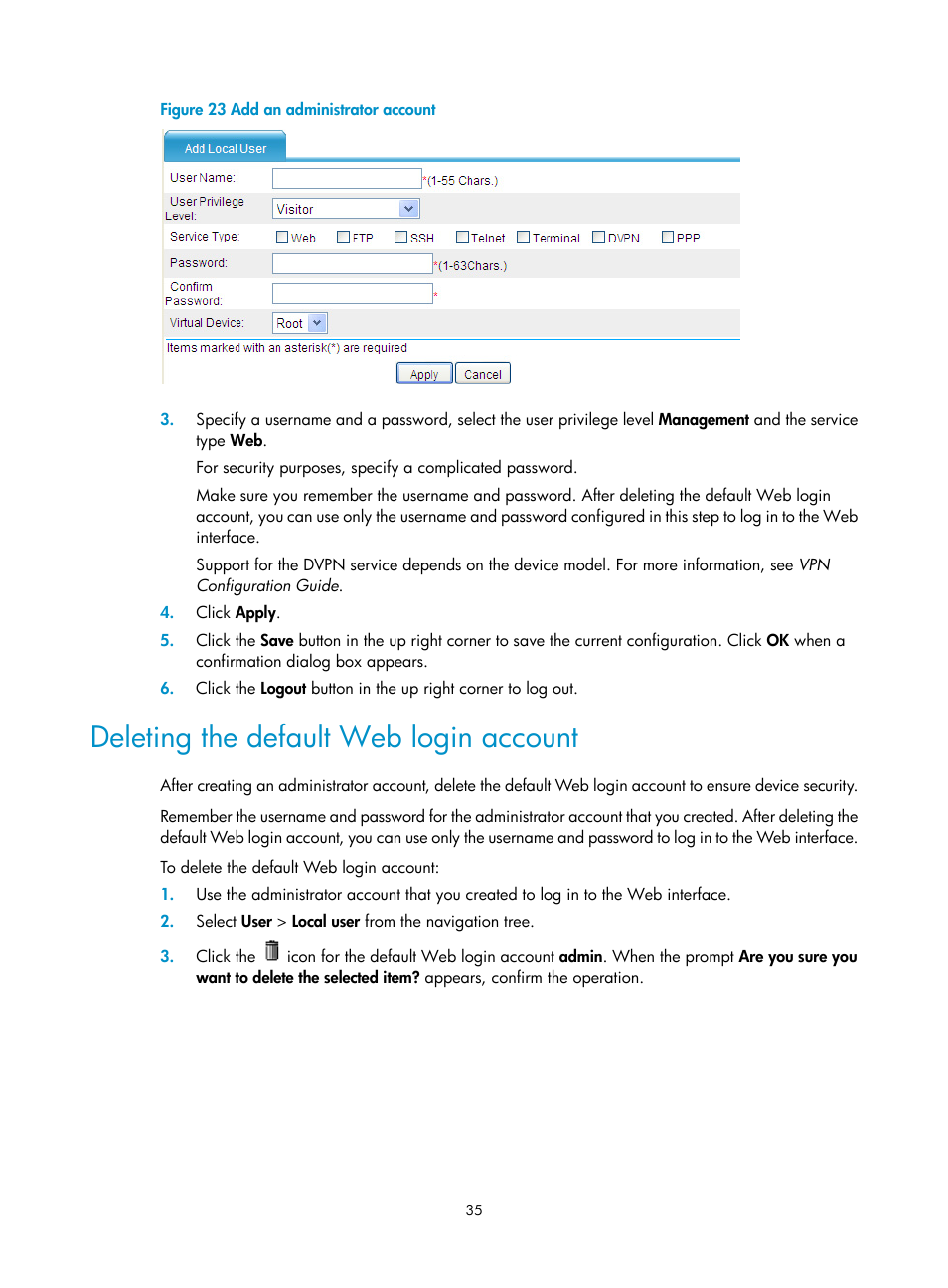 Deleting the default web login account | H3C Technologies H3C SecPath F1000-E User Manual | Page 43 / 126