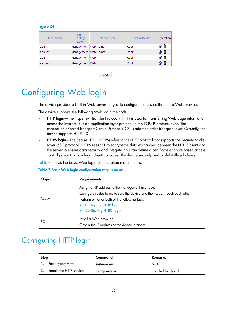 Configuring web login, Configuring http login | H3C Technologies H3C SecPath F1000-E User Manual | Page 44 / 126