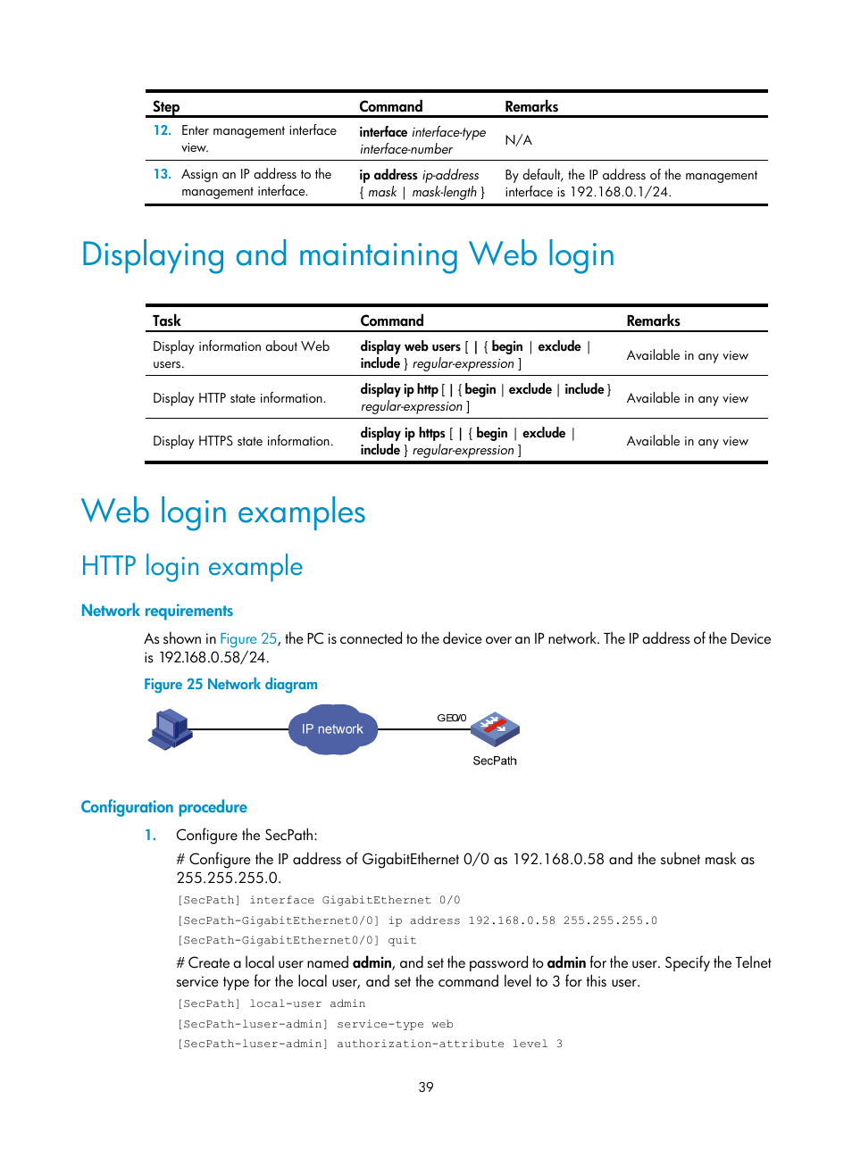 Displaying and maintaining web login, Web login examples, Http login example | Network requirements, Configuration procedure | H3C Technologies H3C SecPath F1000-E User Manual | Page 47 / 126