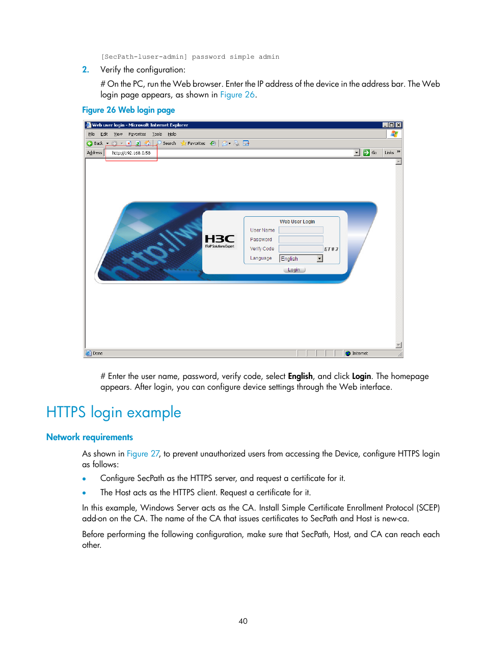Https login example, Network requirements | H3C Technologies H3C SecPath F1000-E User Manual | Page 48 / 126