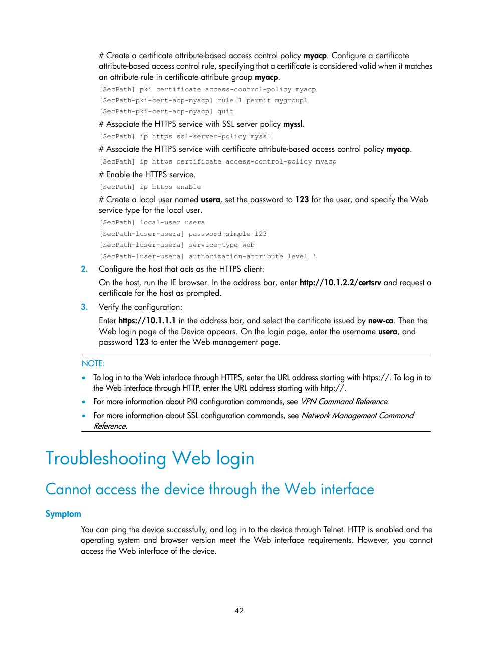 Troubleshooting web login, Cannot access the device through the web interface, Symptom | H3C Technologies H3C SecPath F1000-E User Manual | Page 50 / 126