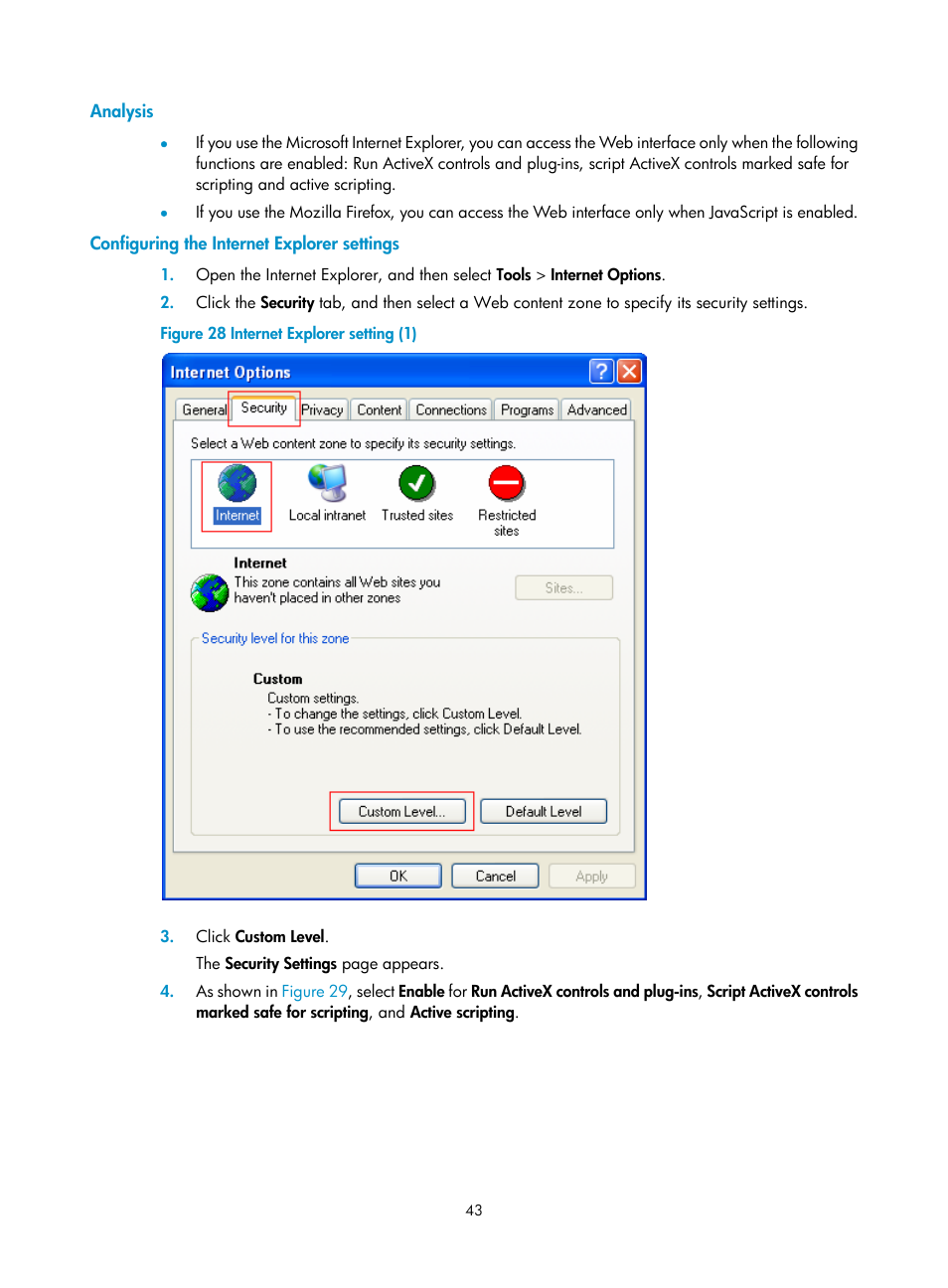 Analysis, Configuring the internet explorer settings | H3C Technologies H3C SecPath F1000-E User Manual | Page 51 / 126