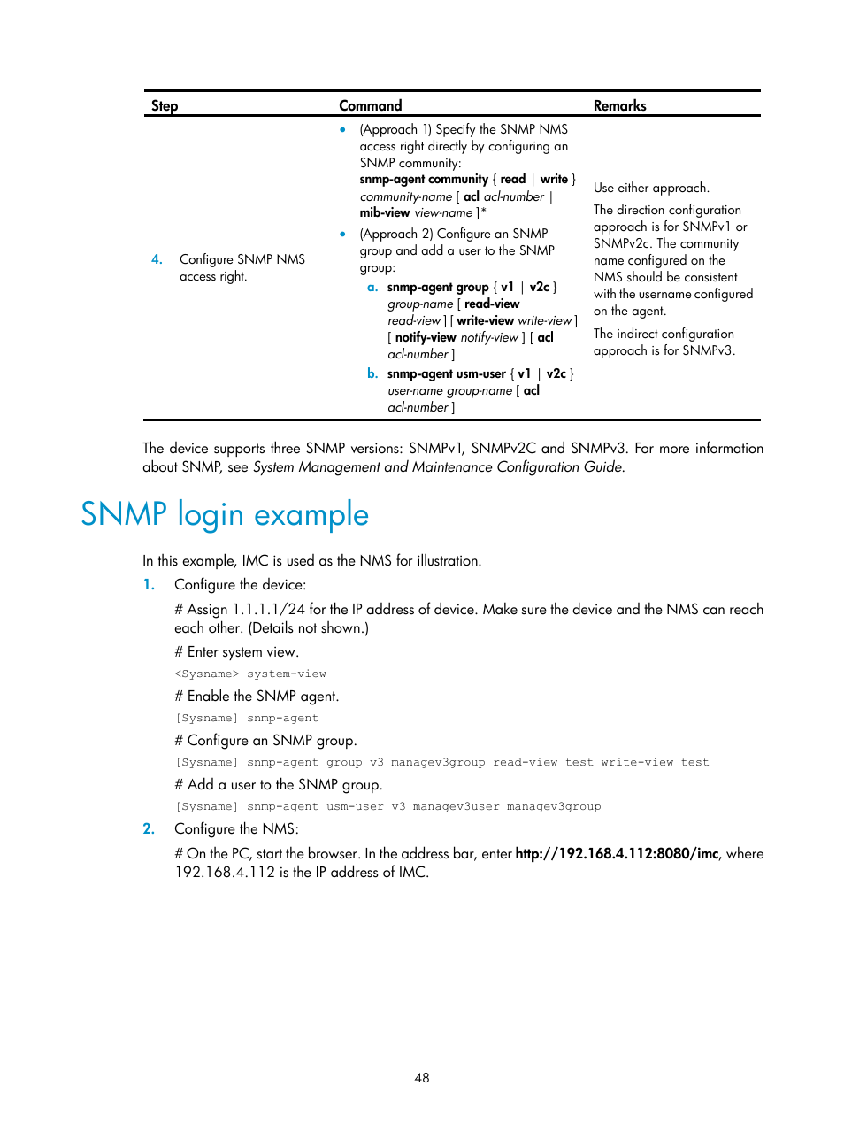 Snmp login example | H3C Technologies H3C SecPath F1000-E User Manual | Page 56 / 126