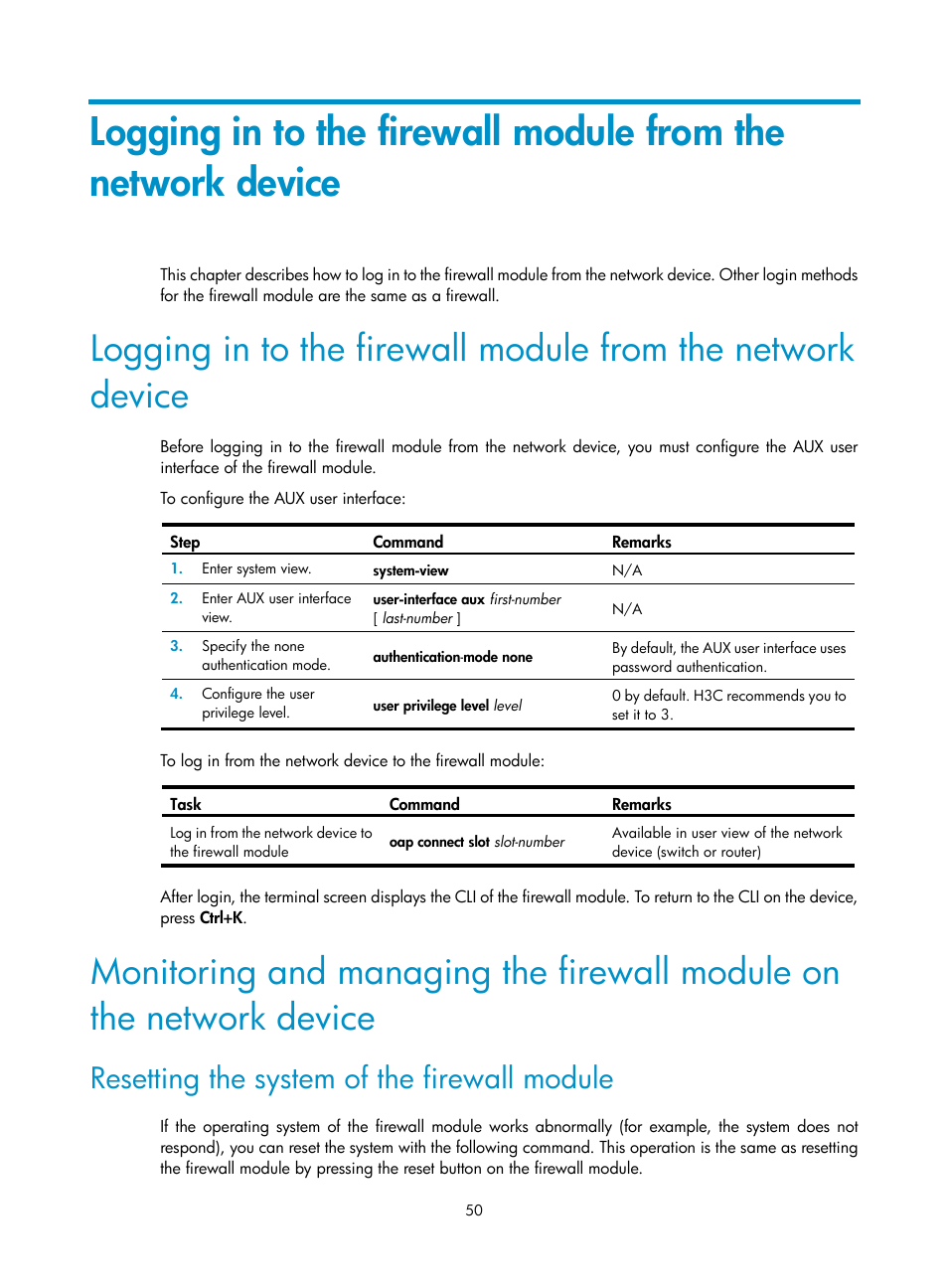 Resetting the system of the firewall module | H3C Technologies H3C SecPath F1000-E User Manual | Page 58 / 126