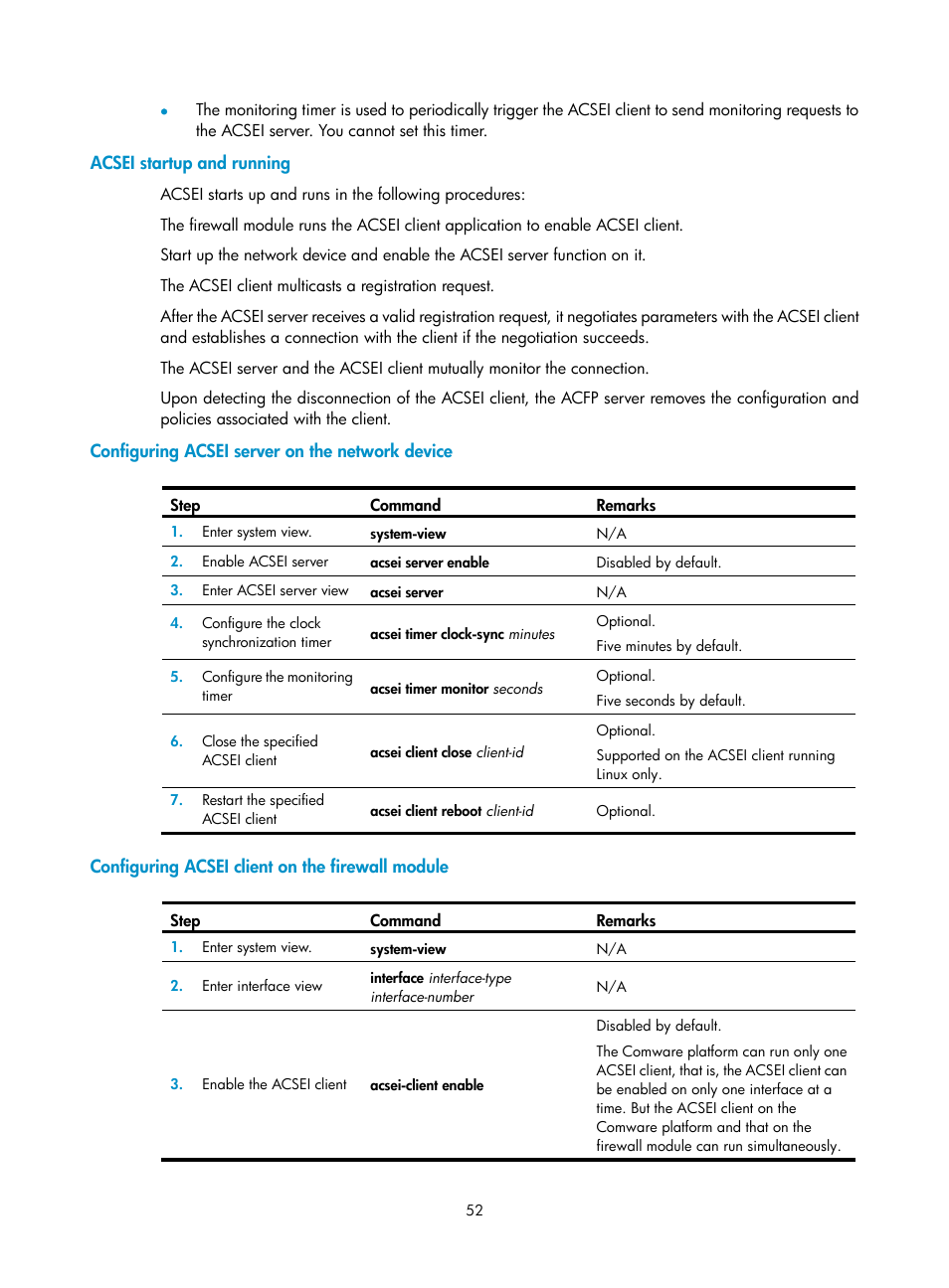 Acsei startup and running, Configuring acsei server on the network device, Configuring acsei client on the firewall module | H3C Technologies H3C SecPath F1000-E User Manual | Page 60 / 126