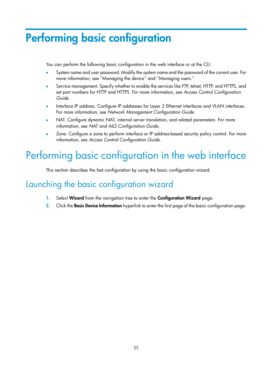 Performing basic configuration, Launching the basic configuration wizard | H3C Technologies H3C SecPath F1000-E User Manual | Page 63 / 126