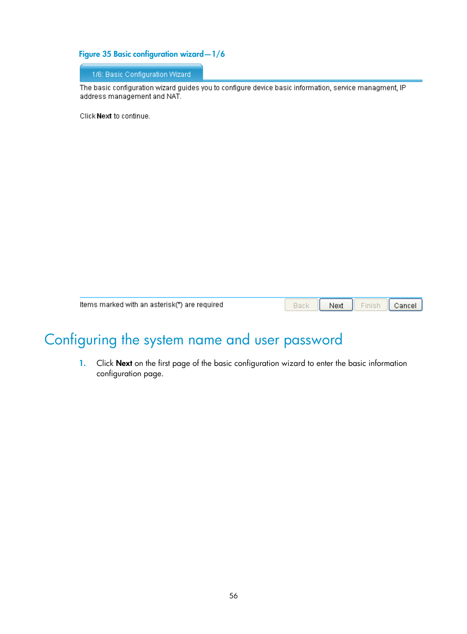 Configuring the system name and user password | H3C Technologies H3C SecPath F1000-E User Manual | Page 64 / 126