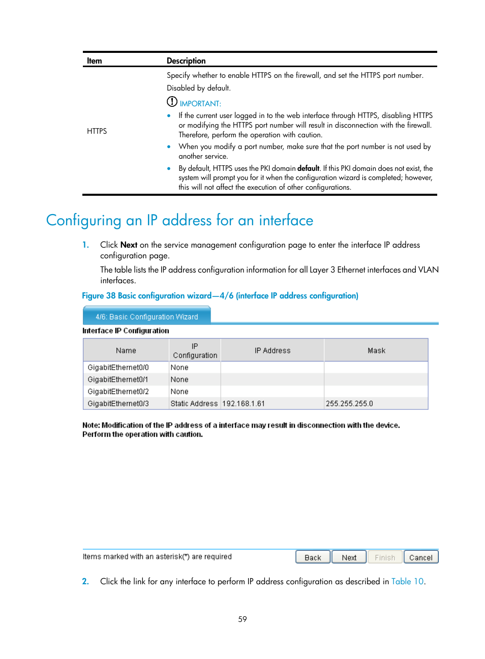 Configuring an ip address for an interface | H3C Technologies H3C SecPath F1000-E User Manual | Page 67 / 126