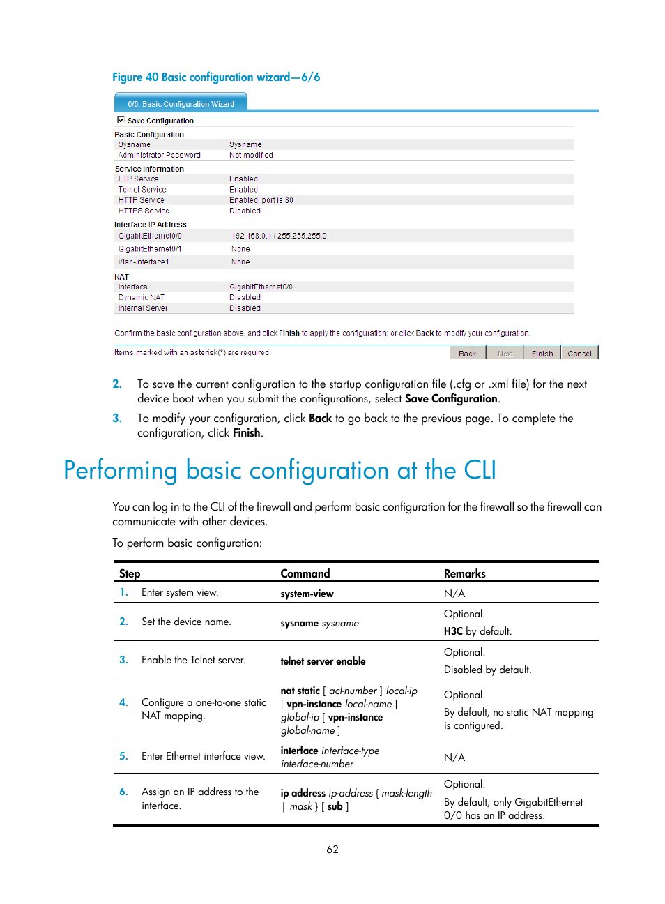 Performing basic configuration at the cli | H3C Technologies H3C SecPath F1000-E User Manual | Page 70 / 126