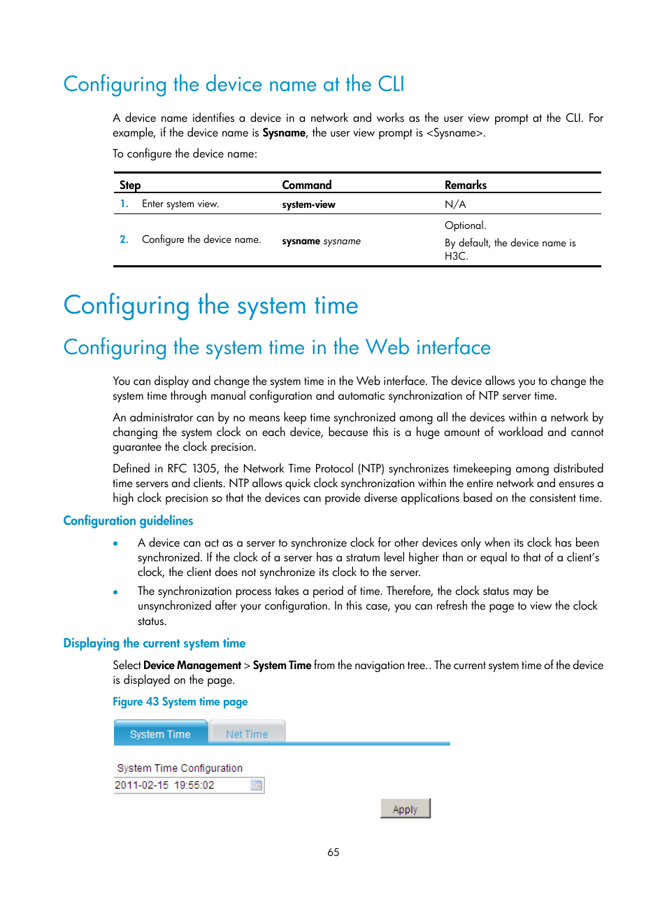 Configuring the device name at the cli, Configuring the system time, Configuring the system time in the web interface | Configuration guidelines, Displaying the current system time | H3C Technologies H3C SecPath F1000-E User Manual | Page 73 / 126