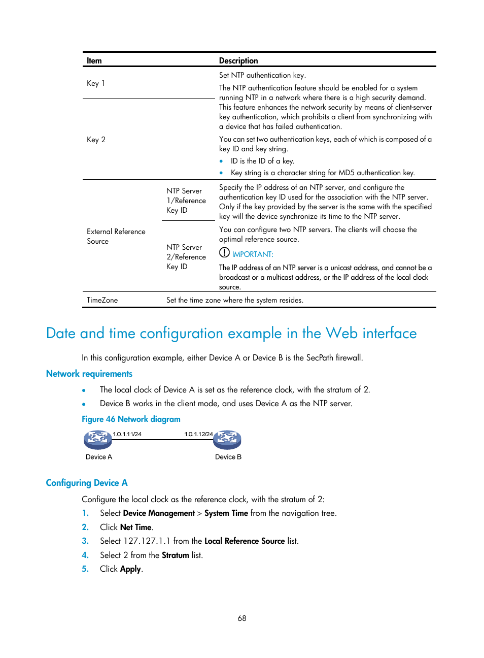 Network requirements, Configuring device a | H3C Technologies H3C SecPath F1000-E User Manual | Page 76 / 126