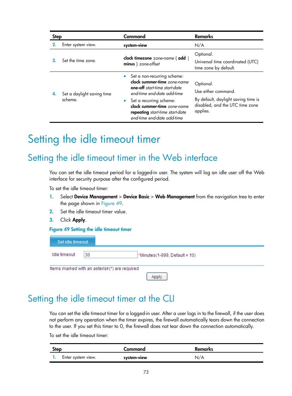 Setting the idle timeout timer, Setting the idle timeout timer at the cli | H3C Technologies H3C SecPath F1000-E User Manual | Page 81 / 126