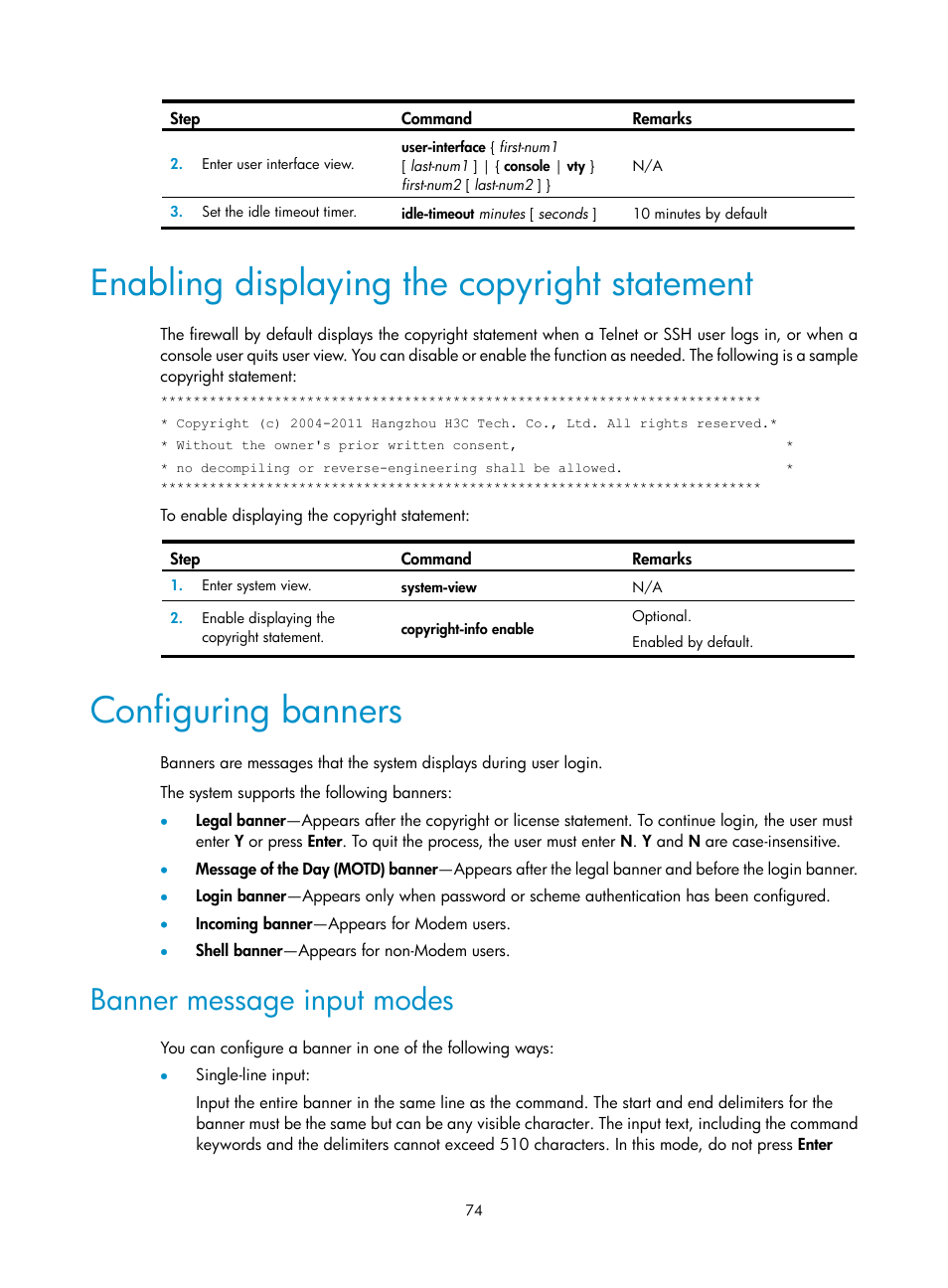 Enabling displaying the copyright statement, Configuring banners, Banner message input modes | H3C Technologies H3C SecPath F1000-E User Manual | Page 82 / 126