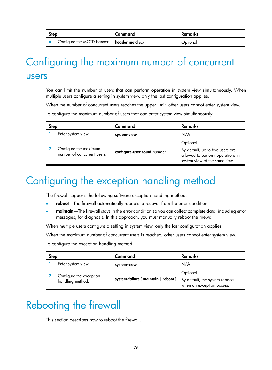 Configuring the maximum number of concurrent users, Configuring the exception handling method, Rebooting the firewall | H3C Technologies H3C SecPath F1000-E User Manual | Page 84 / 126