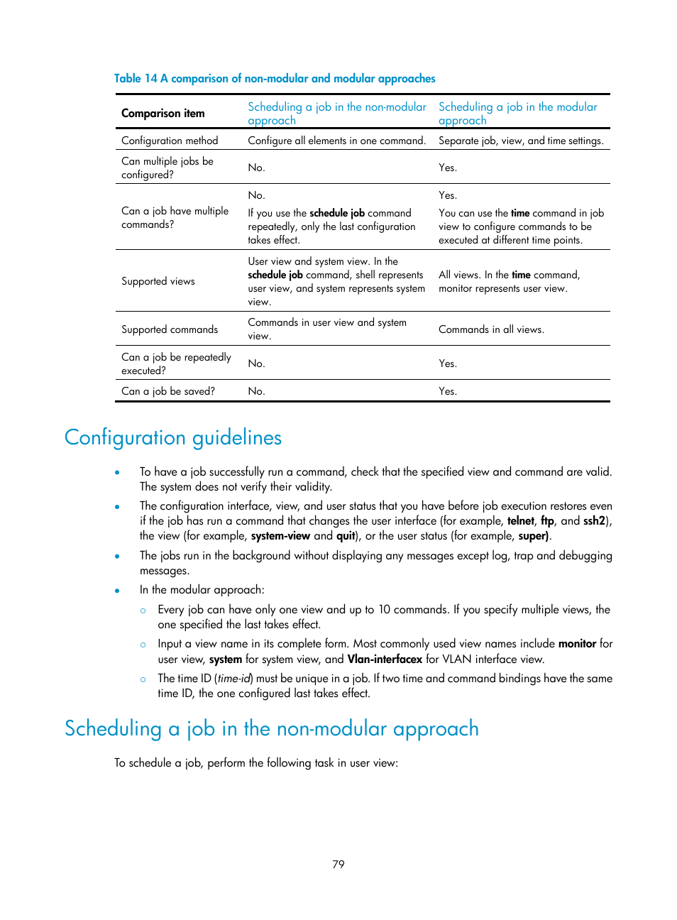 Configuration guidelines, Scheduling a job in the non-modular approach | H3C Technologies H3C SecPath F1000-E User Manual | Page 87 / 126