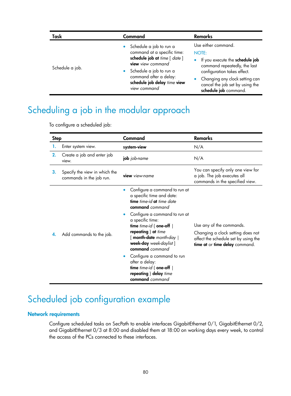 Scheduling a job in the modular approach, Scheduled job configuration example, Network requirements | Scheduling a job in the modular, Approach | H3C Technologies H3C SecPath F1000-E User Manual | Page 88 / 126