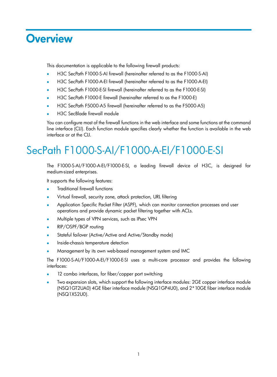 Overview, Secpath f1000-s-ai/f1000-a-ei/f1000-e-si | H3C Technologies H3C SecPath F1000-E User Manual | Page 9 / 126