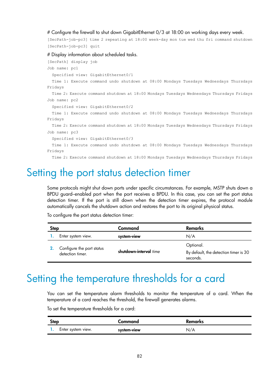 Setting the port status detection timer, Setting the temperature thresholds for a card | H3C Technologies H3C SecPath F1000-E User Manual | Page 90 / 126