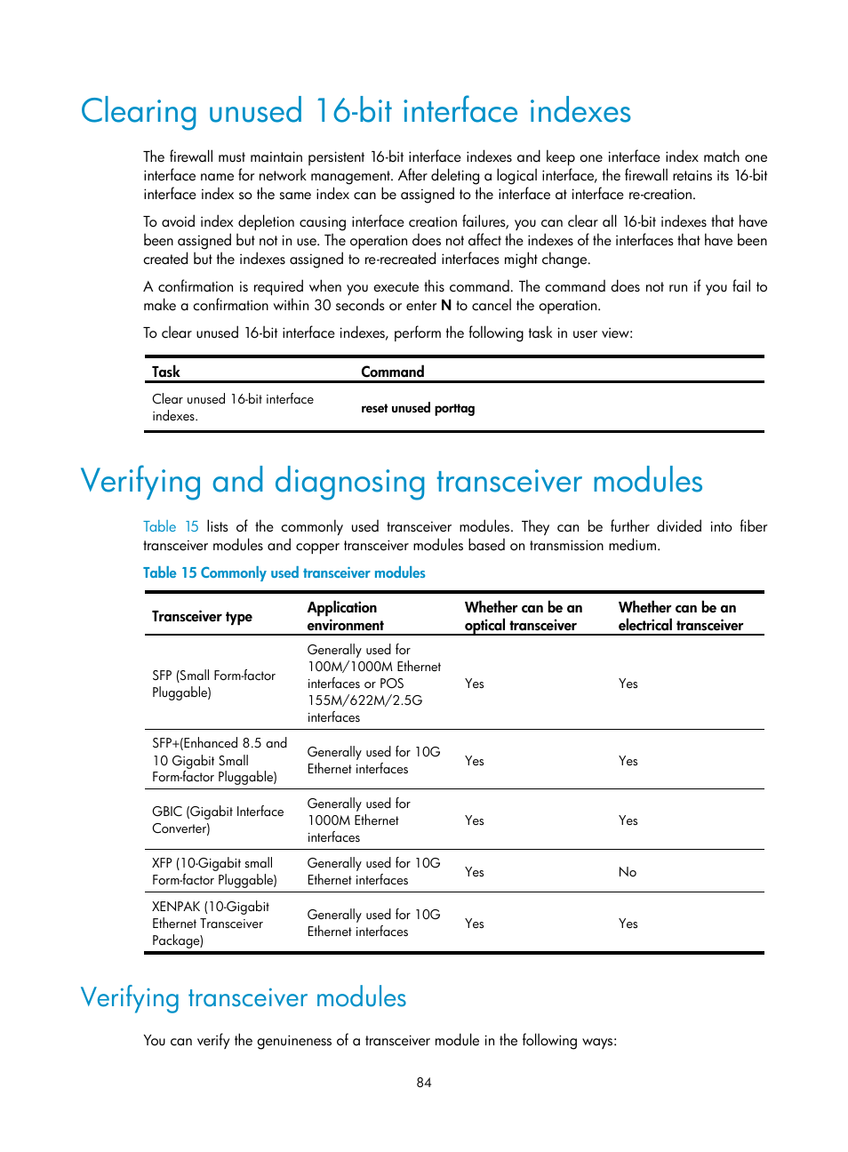 Clearing unused 16-bit interface indexes, Verifying and diagnosing transceiver modules, Verifying transceiver modules | H3C Technologies H3C SecPath F1000-E User Manual | Page 92 / 126