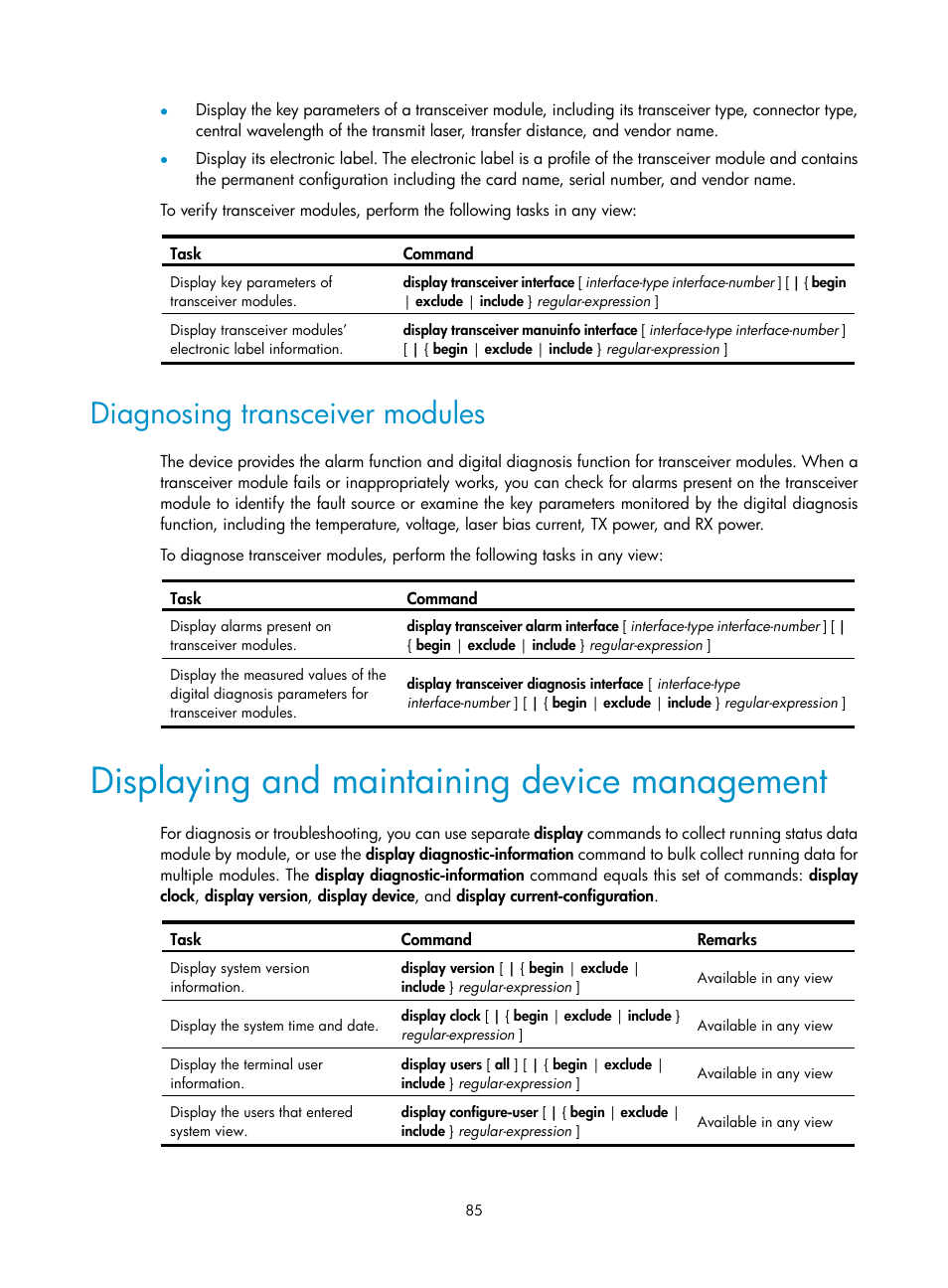 Diagnosing transceiver modules, Displaying and maintaining device management | H3C Technologies H3C SecPath F1000-E User Manual | Page 93 / 126