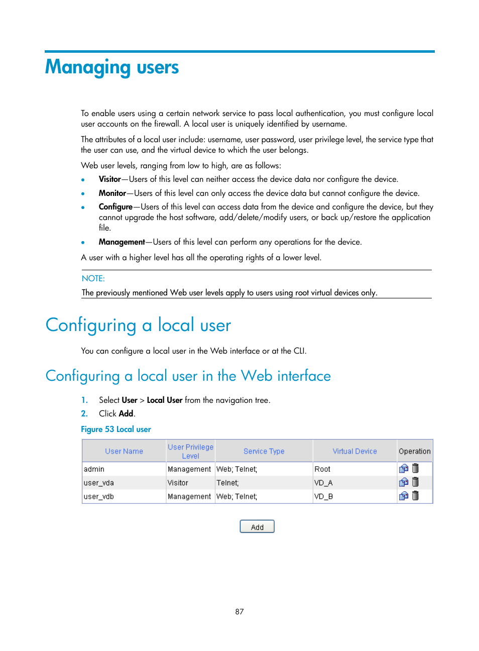 Managing users, Configuring a local user, Configuring a local user in the web interface | H3C Technologies H3C SecPath F1000-E User Manual | Page 95 / 126