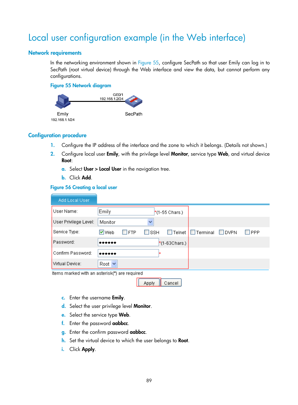 Network requirements, Configuration procedure | H3C Technologies H3C SecPath F1000-E User Manual | Page 97 / 126