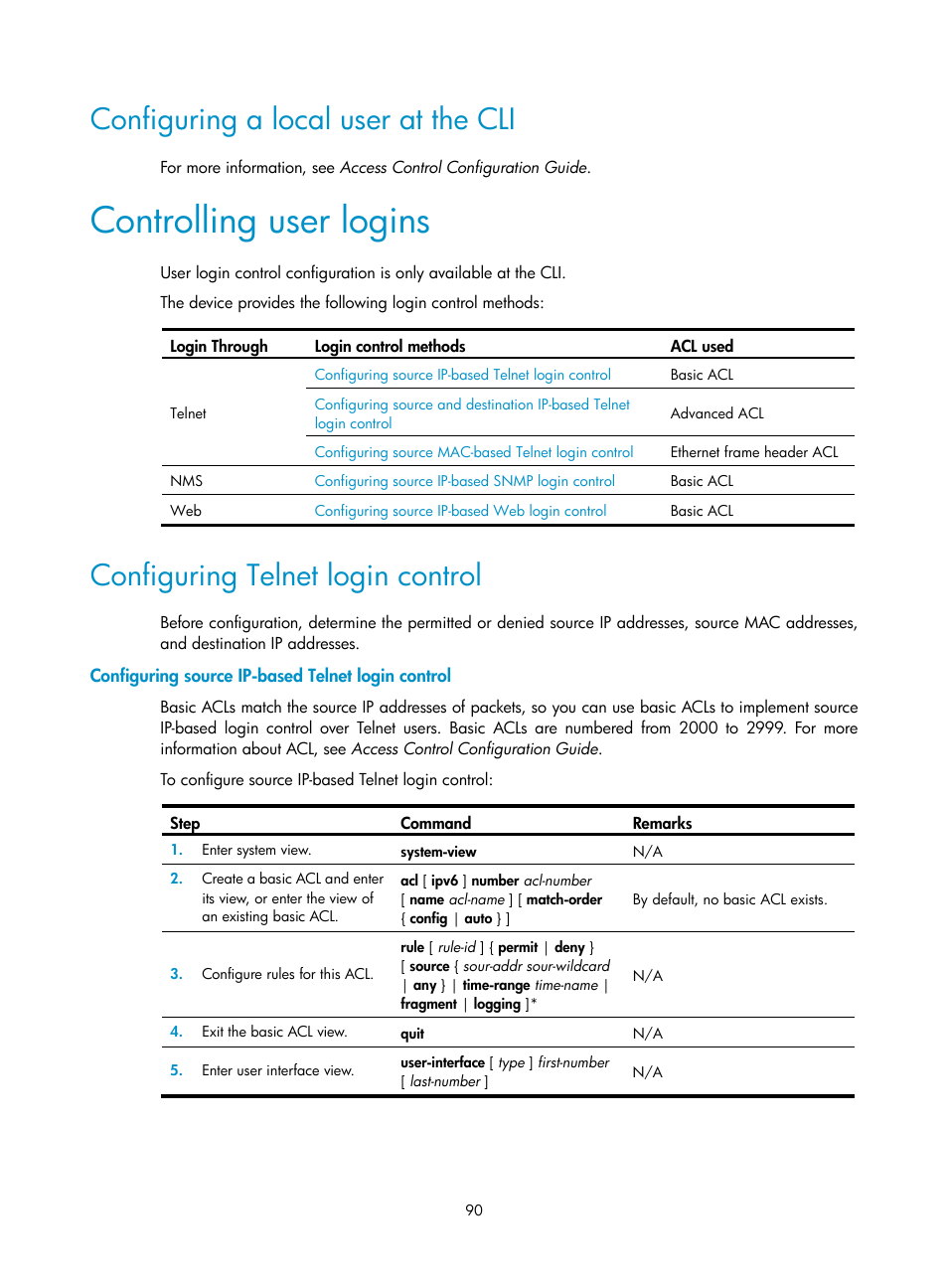 Configuring a local user at the cli, Controlling user logins, Configuring telnet login control | Configuring source ip-based telnet login control | H3C Technologies H3C SecPath F1000-E User Manual | Page 98 / 126