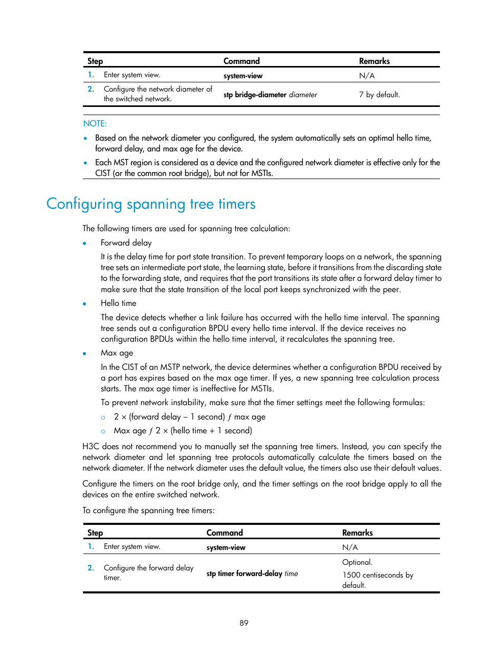 Configuring spanning tree timers | H3C Technologies H3C SecPath F1000-E User Manual | Page 114 / 967