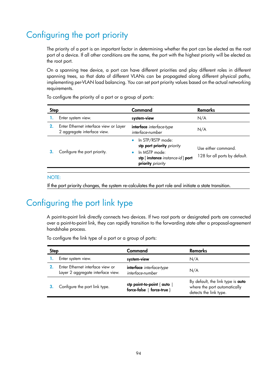 Configuring the port priority, Configuring the port link type | H3C Technologies H3C SecPath F1000-E User Manual | Page 119 / 967