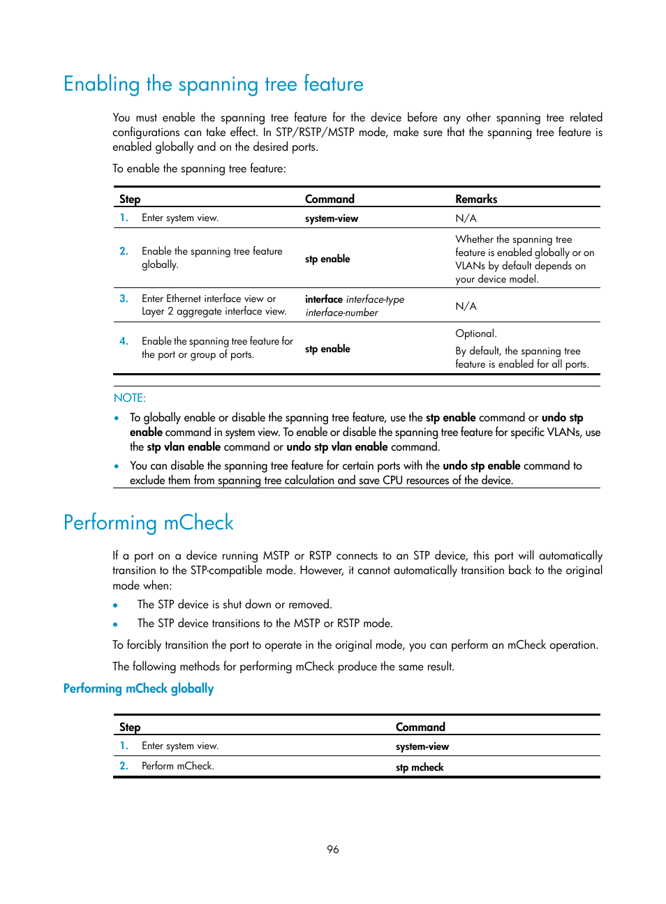 Enabling the spanning tree feature, Performing mcheck, Performing mcheck globally | H3C Technologies H3C SecPath F1000-E User Manual | Page 121 / 967