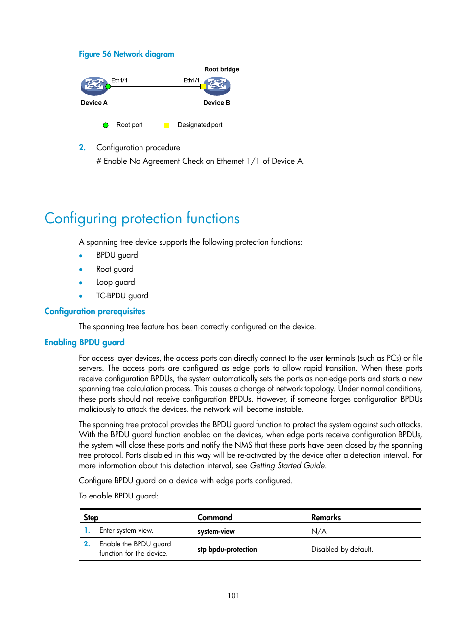 Configuring protection functions, Configuration prerequisites, Enabling bpdu guard | H3C Technologies H3C SecPath F1000-E User Manual | Page 126 / 967