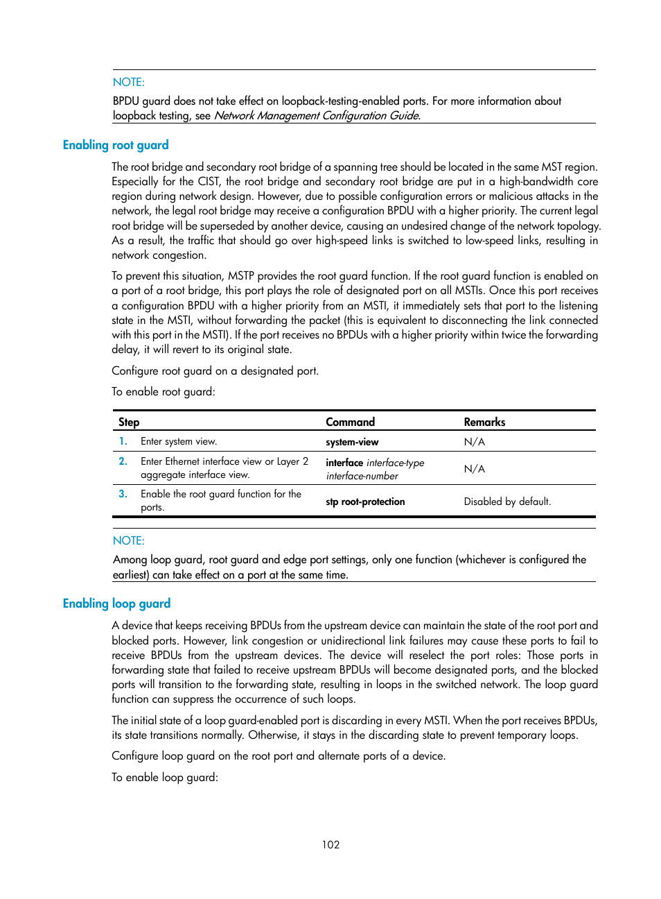 Enabling root guard, Enabling loop guard | H3C Technologies H3C SecPath F1000-E User Manual | Page 127 / 967