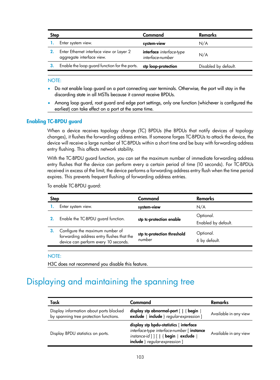 Enabling tc-bpdu guard, Displaying and maintaining the spanning tree | H3C Technologies H3C SecPath F1000-E User Manual | Page 128 / 967