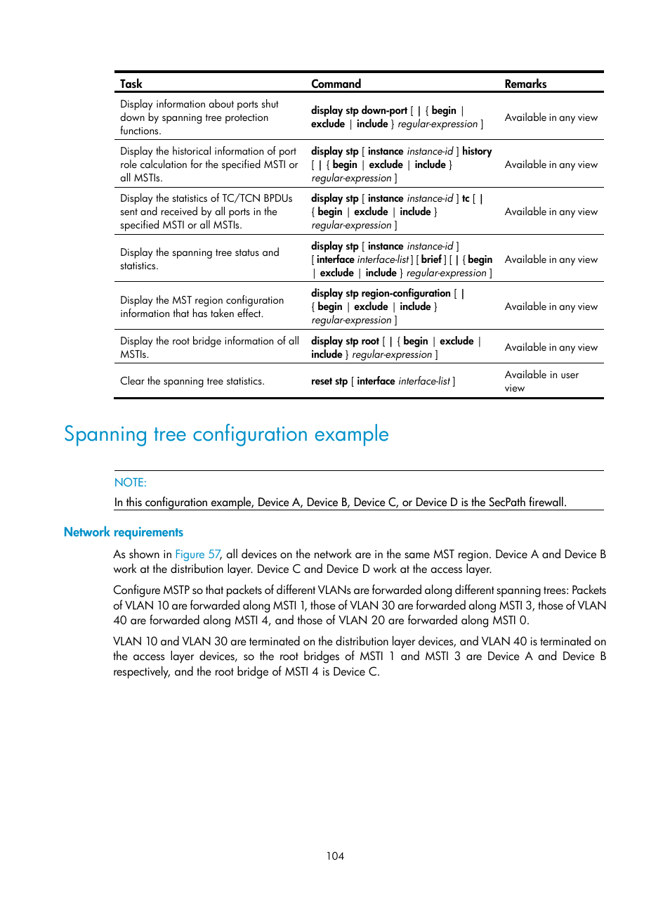 Spanning tree configuration example, Network requirements | H3C Technologies H3C SecPath F1000-E User Manual | Page 129 / 967