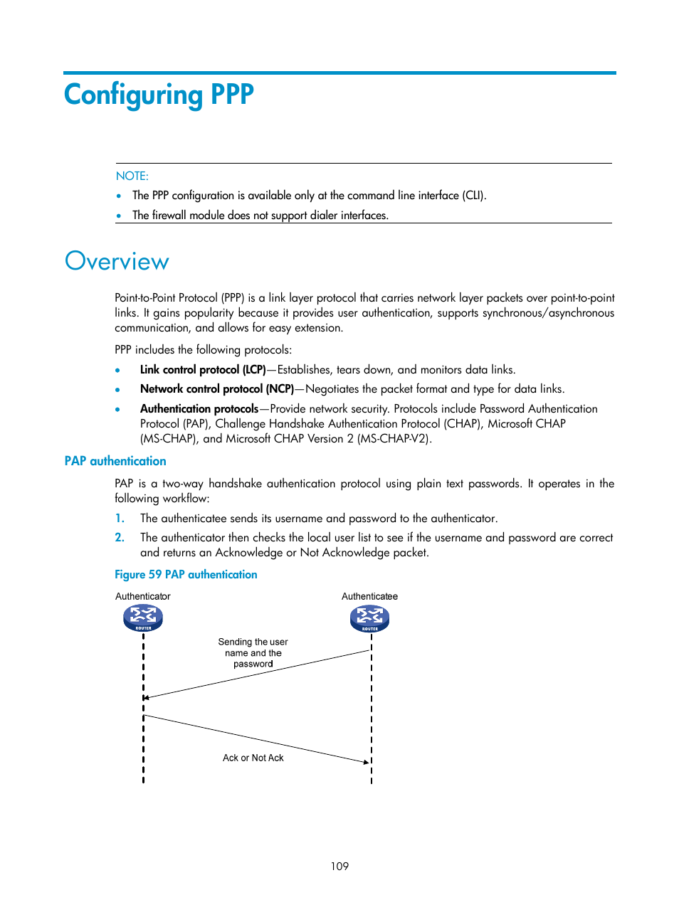 Configuring ppp, Overview, Pap authentication | H3C Technologies H3C SecPath F1000-E User Manual | Page 134 / 967