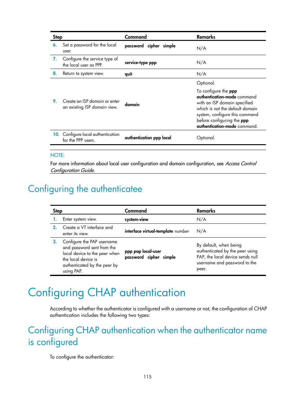 Configuring the authenticatee, Configuring chap authentication, Configuring chap | Authentication | H3C Technologies H3C SecPath F1000-E User Manual | Page 140 / 967