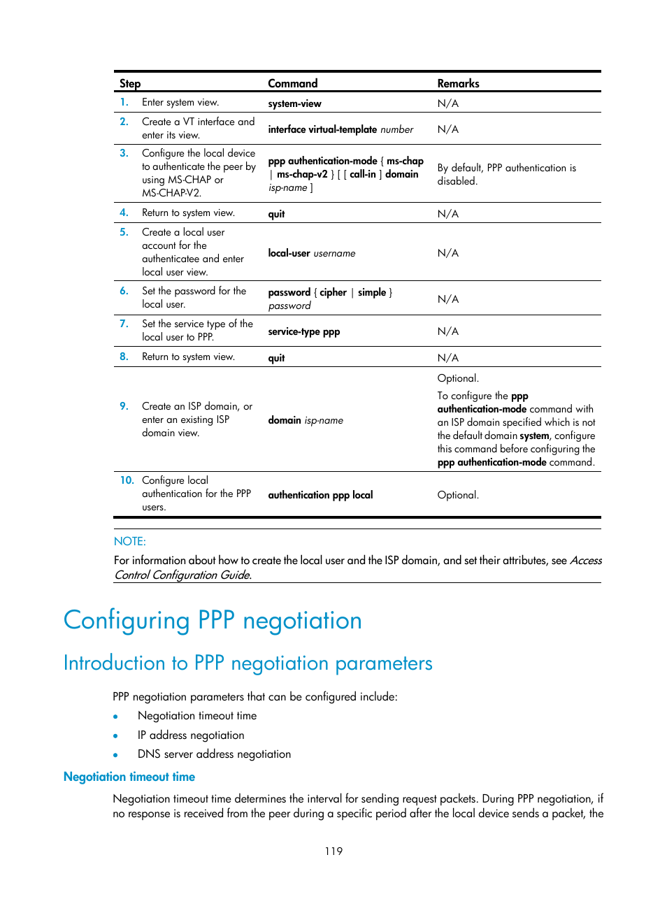 Configuring ppp negotiation, Introduction to ppp negotiation parameters, Negotiation timeout time | H3C Technologies H3C SecPath F1000-E User Manual | Page 144 / 967