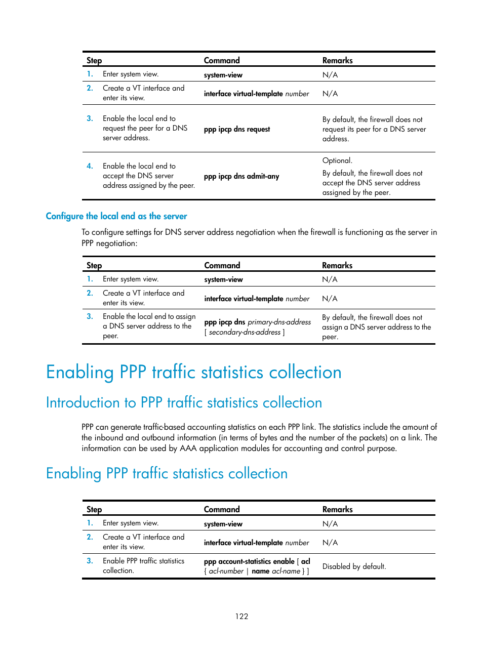 Configure the local end as the server, Enabling ppp traffic statistics collection, Introduction to ppp traffic statistics collection | Enabling ppp traffic statistics, Collection | H3C Technologies H3C SecPath F1000-E User Manual | Page 147 / 967