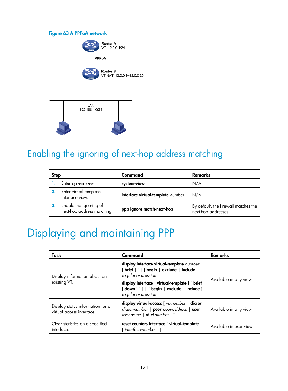 Enabling the ignoring of next-hop address matching, Displaying and maintaining ppp, N in | Figure 63 | H3C Technologies H3C SecPath F1000-E User Manual | Page 149 / 967