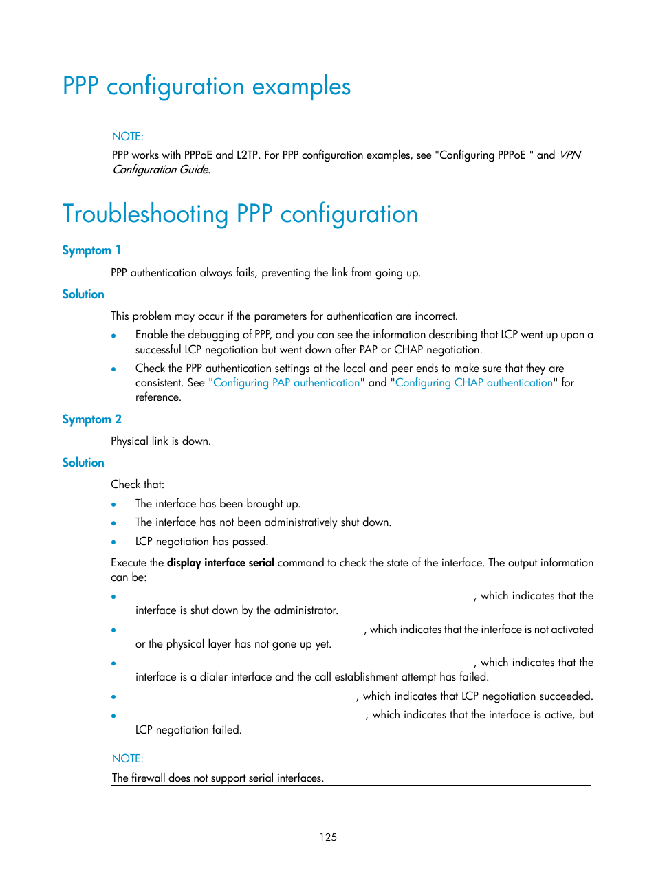 Ppp configuration examples, Troubleshooting ppp configuration, Symptom 1 | Solution, Symptom 2 | H3C Technologies H3C SecPath F1000-E User Manual | Page 150 / 967