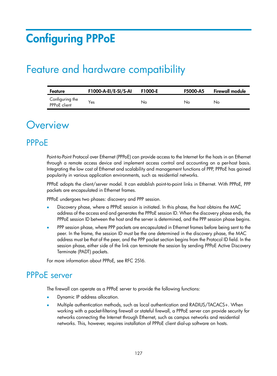 Configuring pppoe, Feature and hardware compatibility, Overview | Pppoe, Pppoe server | H3C Technologies H3C SecPath F1000-E User Manual | Page 152 / 967