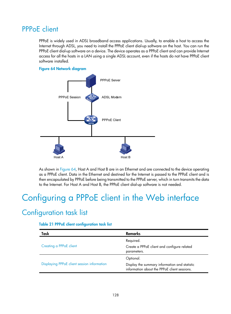 Pppoe client, Configuring a pppoe client in the web interface, Configuration task list | H3C Technologies H3C SecPath F1000-E User Manual | Page 153 / 967