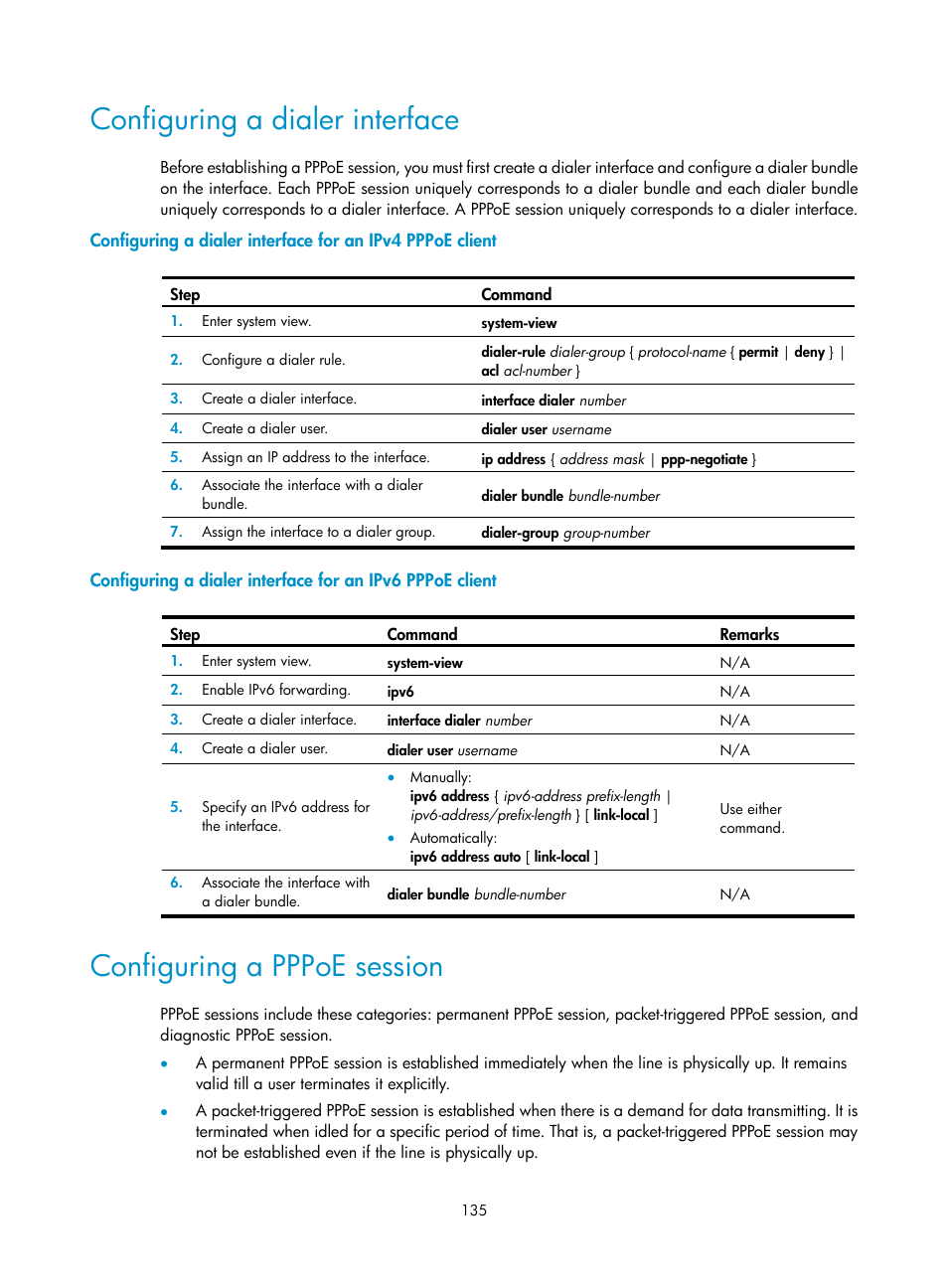 Configuring a dialer interface, Configuring a pppoe session | H3C Technologies H3C SecPath F1000-E User Manual | Page 160 / 967